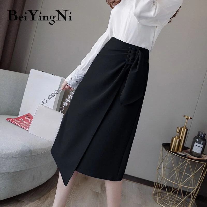 Beiyingni Irregular Women Skirt Button Chic OL Split Work Wear Midi Skirts Solid Black Fashion Office Ladu Skirt Vintage Casual