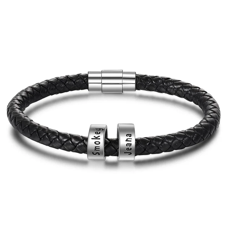 Men Leather Braided Rope Bracelet with 2 Custom Beads Sterling Silver Engravable Black Bracelet for Men