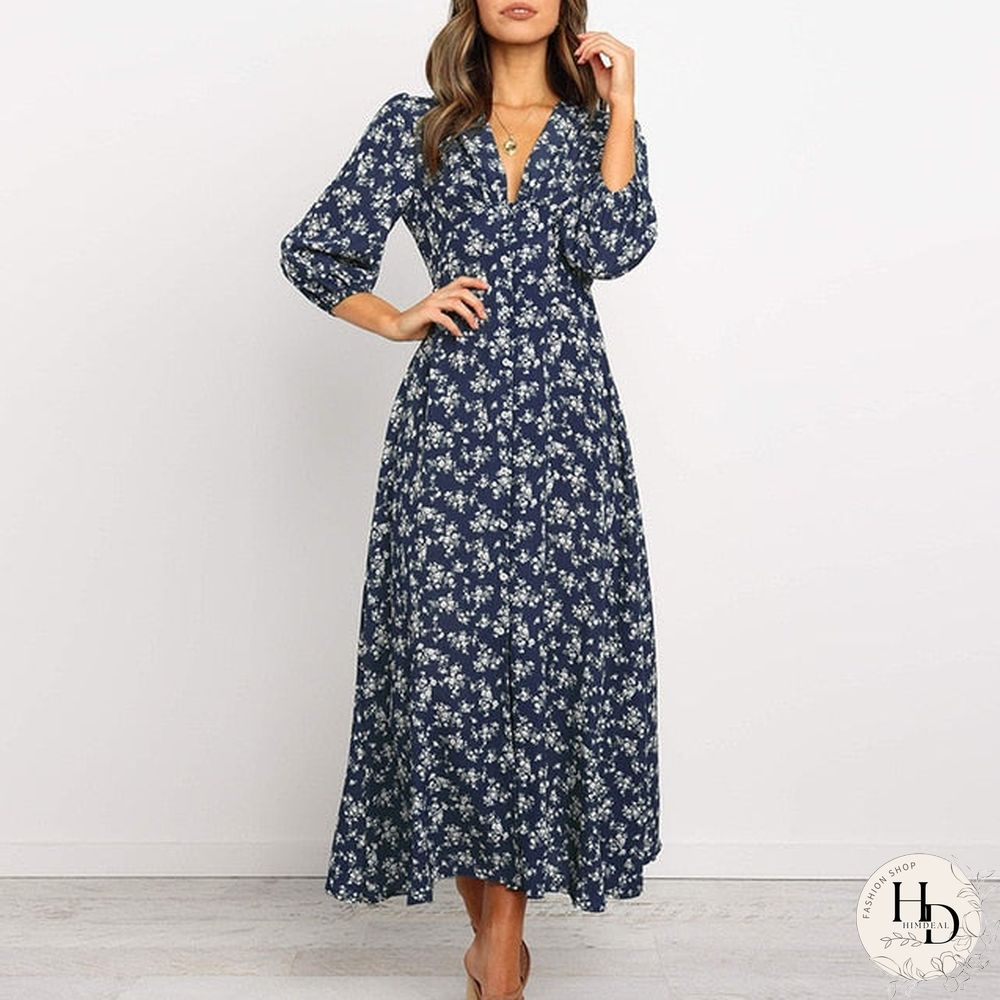 Womens Chiffon Long Dress-Floral Print lantern sleeve a-line maxi vestido autumn new