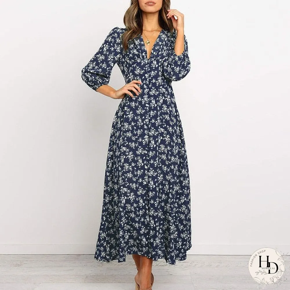 Womens Chiffon Long Dress-Floral Print lantern sleeve a-line maxi vestido autumn new