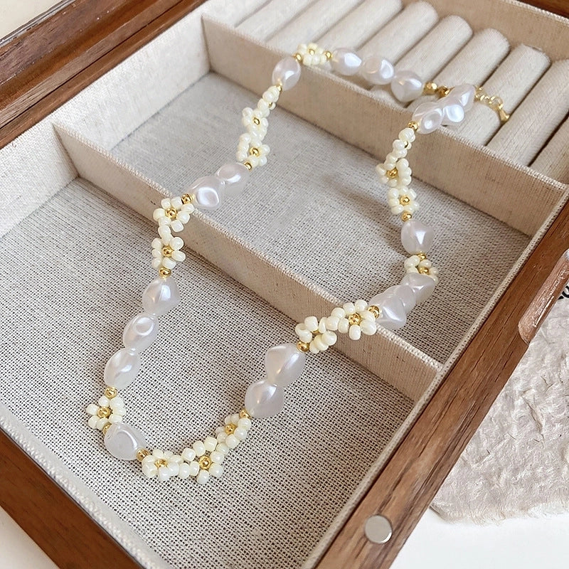 Natural Stone Freshwater Pearl Minimalist Beaded Geometric Necklace
