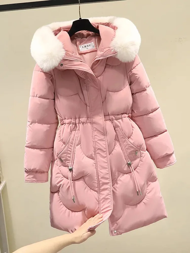 Cartoonh Fashion Slim Faux Fur Collar Hooded Parkas Winter Women Cold Coat Waist Drawstring Padded Jackets Midi Lenght Snow Casaco