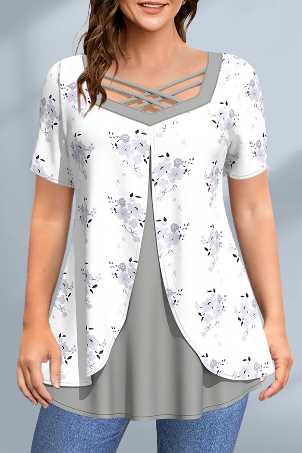 Plus Size Cross Strap Short Sleeve Floral Print Blouses 2024 - Flycurvy 