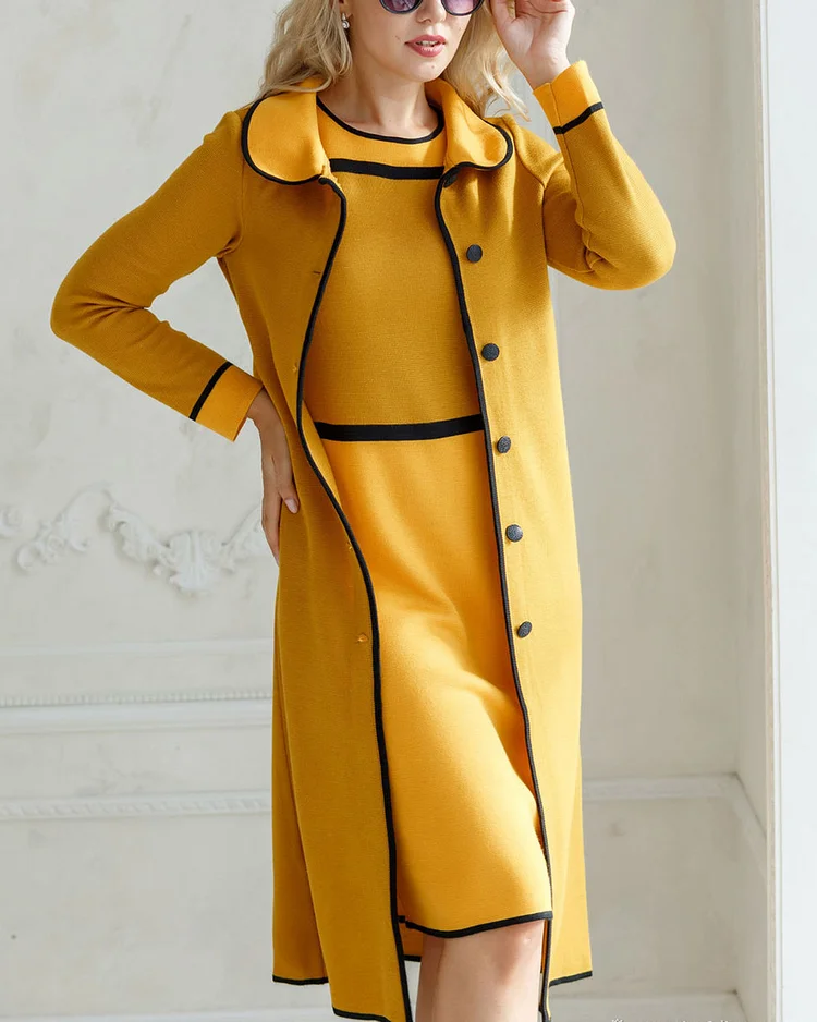 Elegant colorblock knitted jacket and dress two-piece set