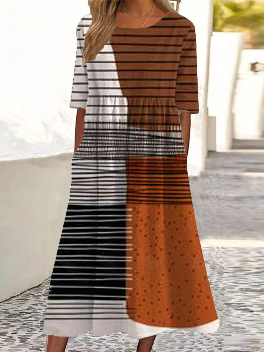 Women's Vintage Abstract Geometric Art Print Pocket Cotton Dress