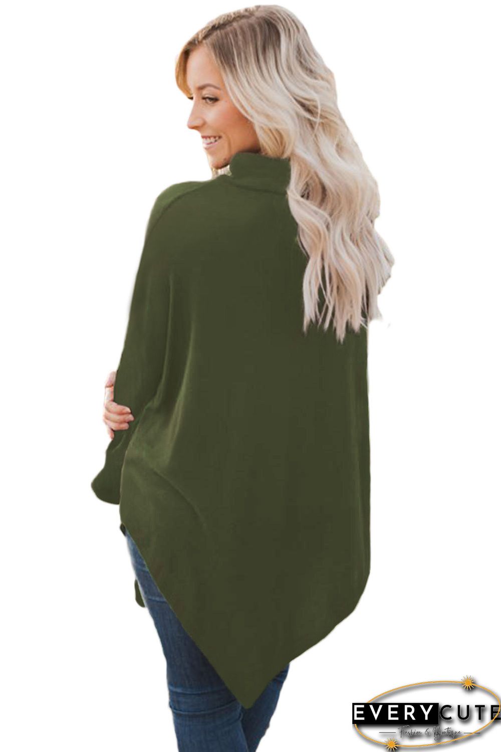 Olive Soft Faux Poncho High Neck Sweater