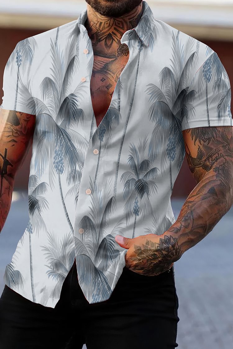 Light Gray-Blue Palm Tree Print Short Sleeve Shirt