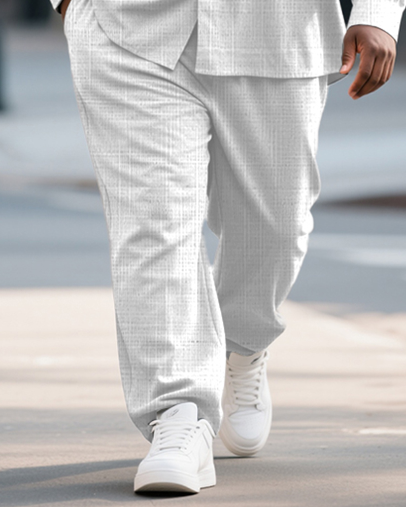 Big & Tall Men's Business White Geometric Wave Print Bamboo Hemp Texture Long Sleeve Shirt Trousers Suit