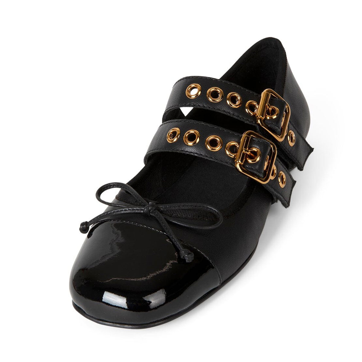 Black Bow Tie Cap Toe Metal Buckle Strappy Flat Mary Jane Shoes Nicepairs