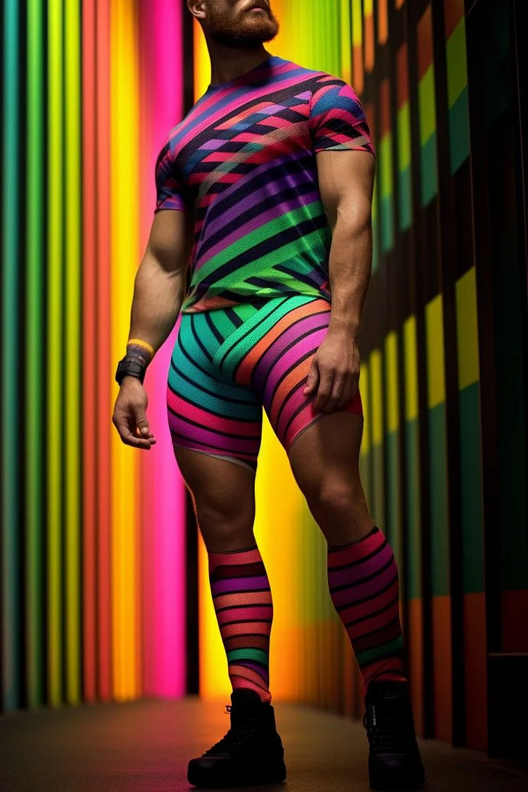 Rainbow Stripe Print Slim Fit Top Stretchy Shorts Two Piece Set [Pre-Order]