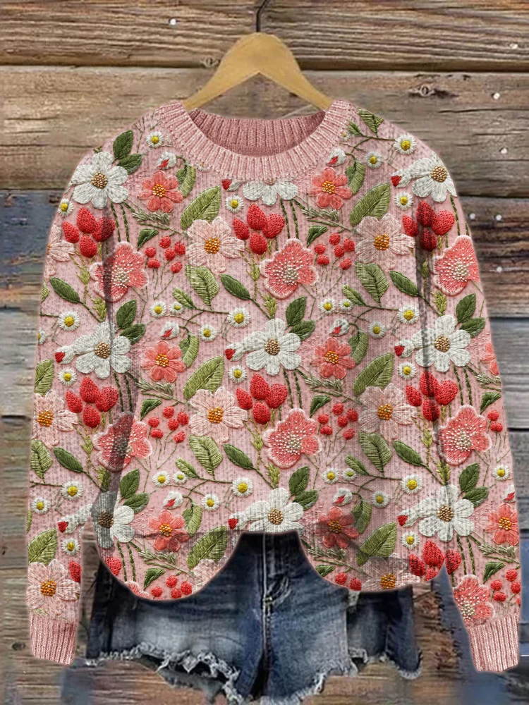VChics Strawberry Floral Embroidery Cozy Knit Sweater