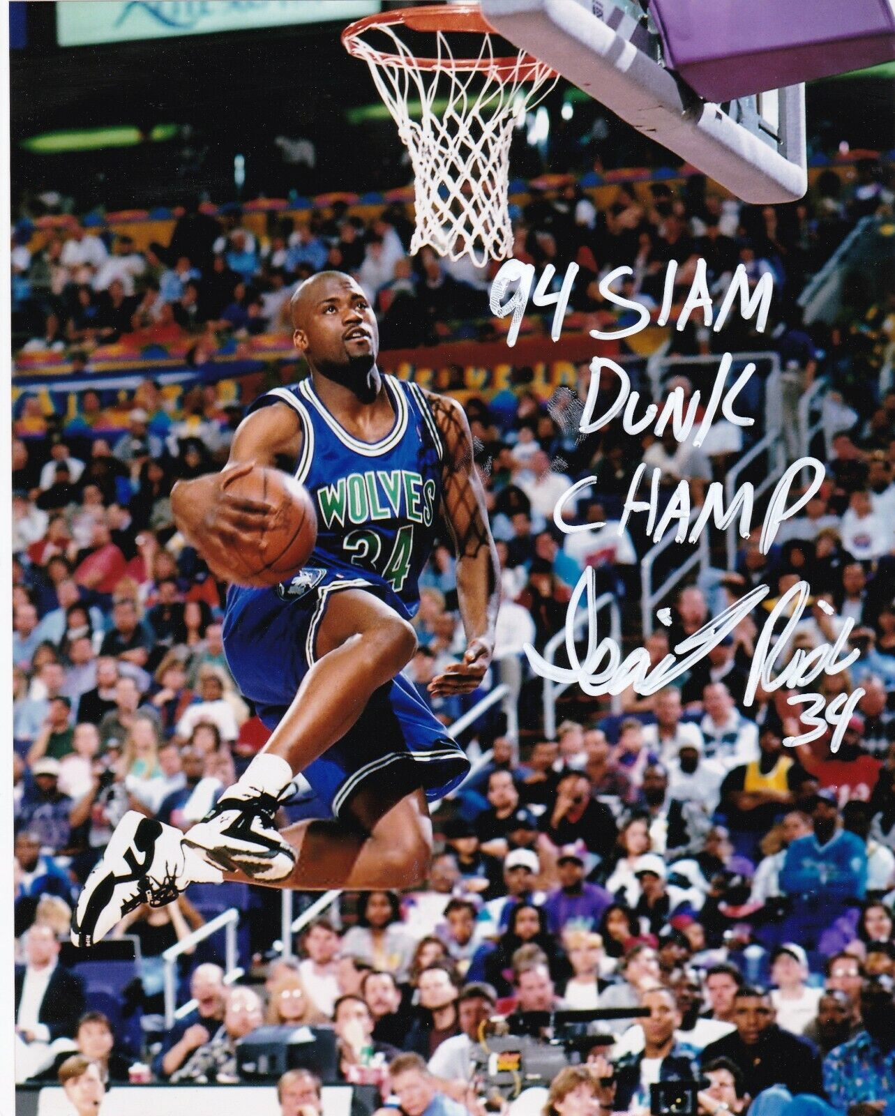 ISAIAH RIDER MINNESOTA TIMBERWOLVES 1994 SLAM DUNK CHAMP ACTION SIGNED 8x10