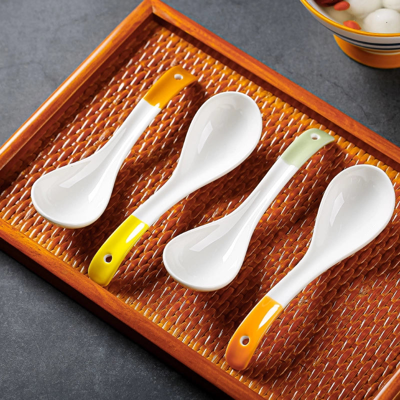 Japanese Style Small Soup Spoon Creative Blue And White Ceramic Spoon Household Thickened Curved Handle Anti-scalding Food Soup Spoon