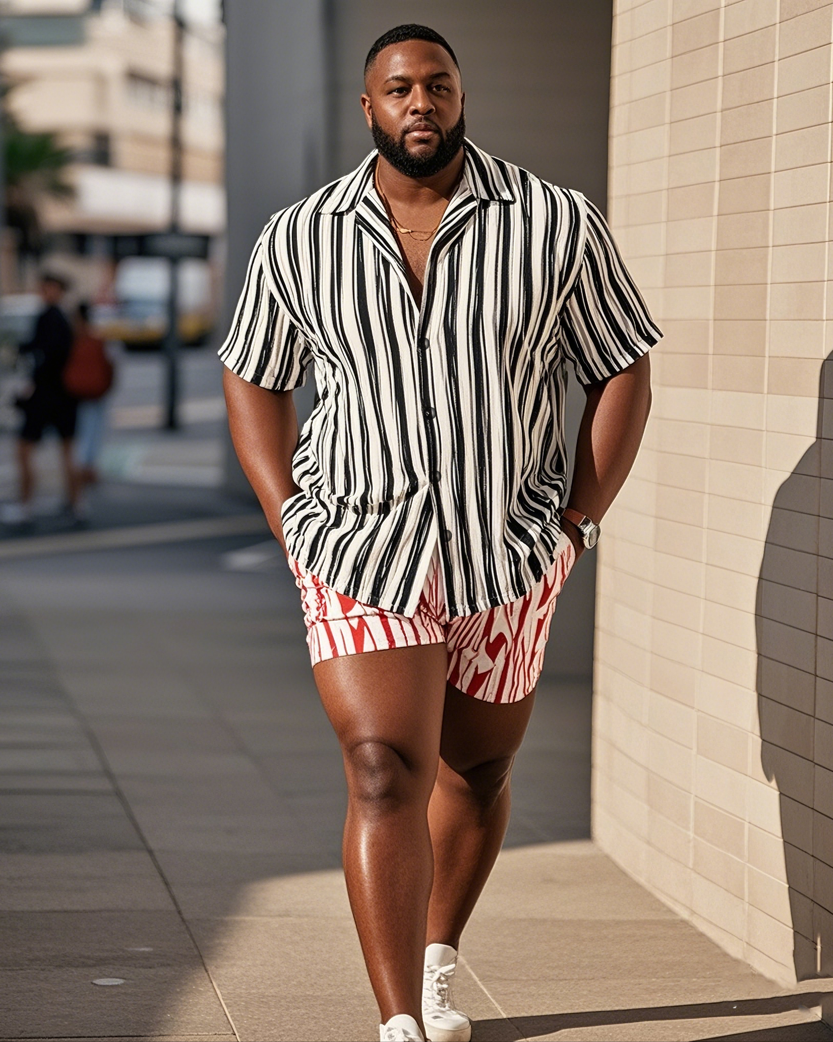 Big Men's-Hot Color Block Stripe Color Block Print Short Sleeve Shirt Shorts Suit