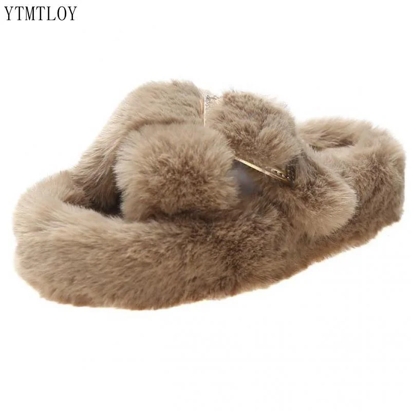 2022 New Women Fur Slippers Winter Slides Fluffy Furry Sandals Flip Flops Home Hot Ladies Plush Shoes Ytmtloy Indoor Zapato Muje