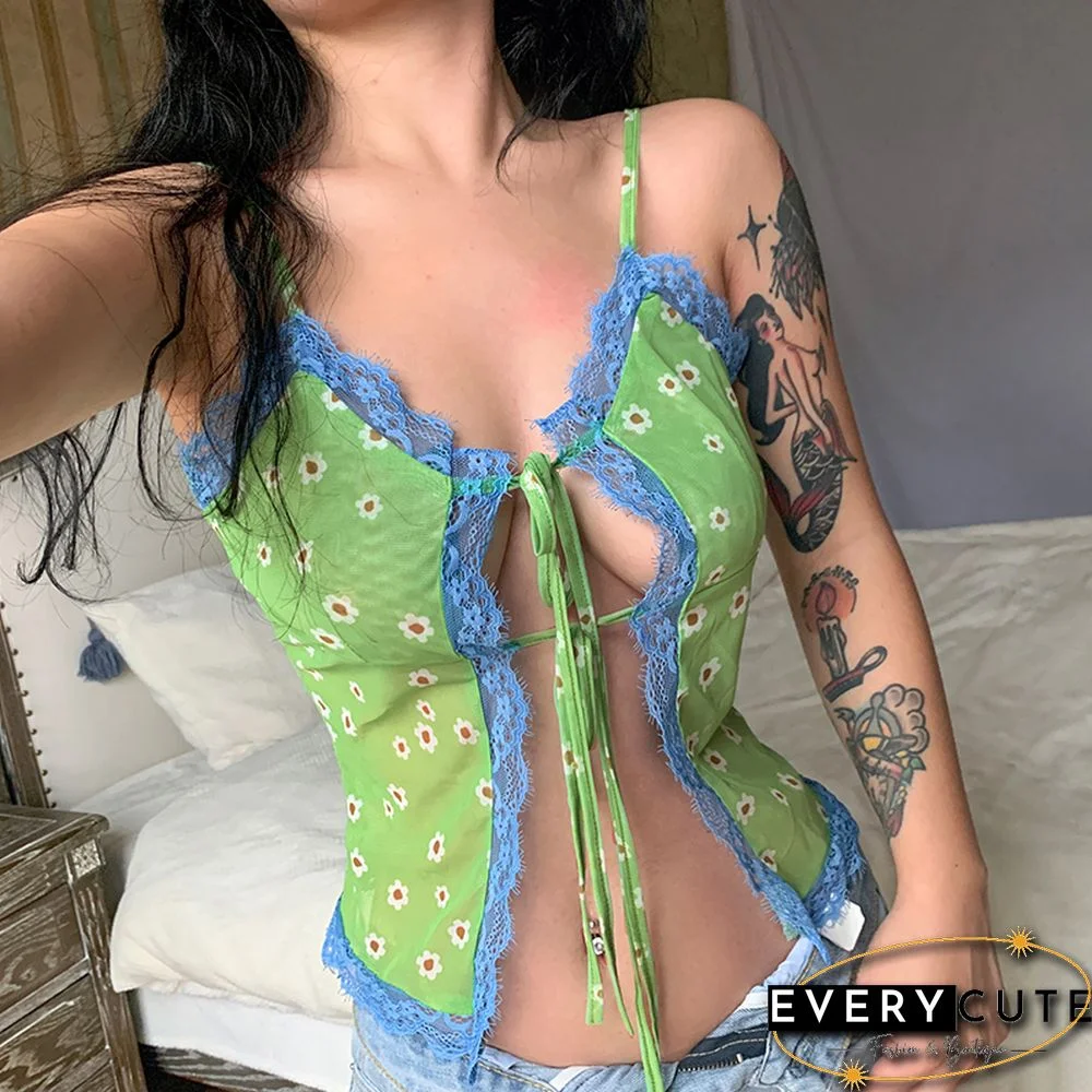 Hollow Out Lace Trim Top Sexy Cute Fairycore Green Summer Cropped Tops Y2k Floral Print Kawaii V Neck Tie Up Cami
