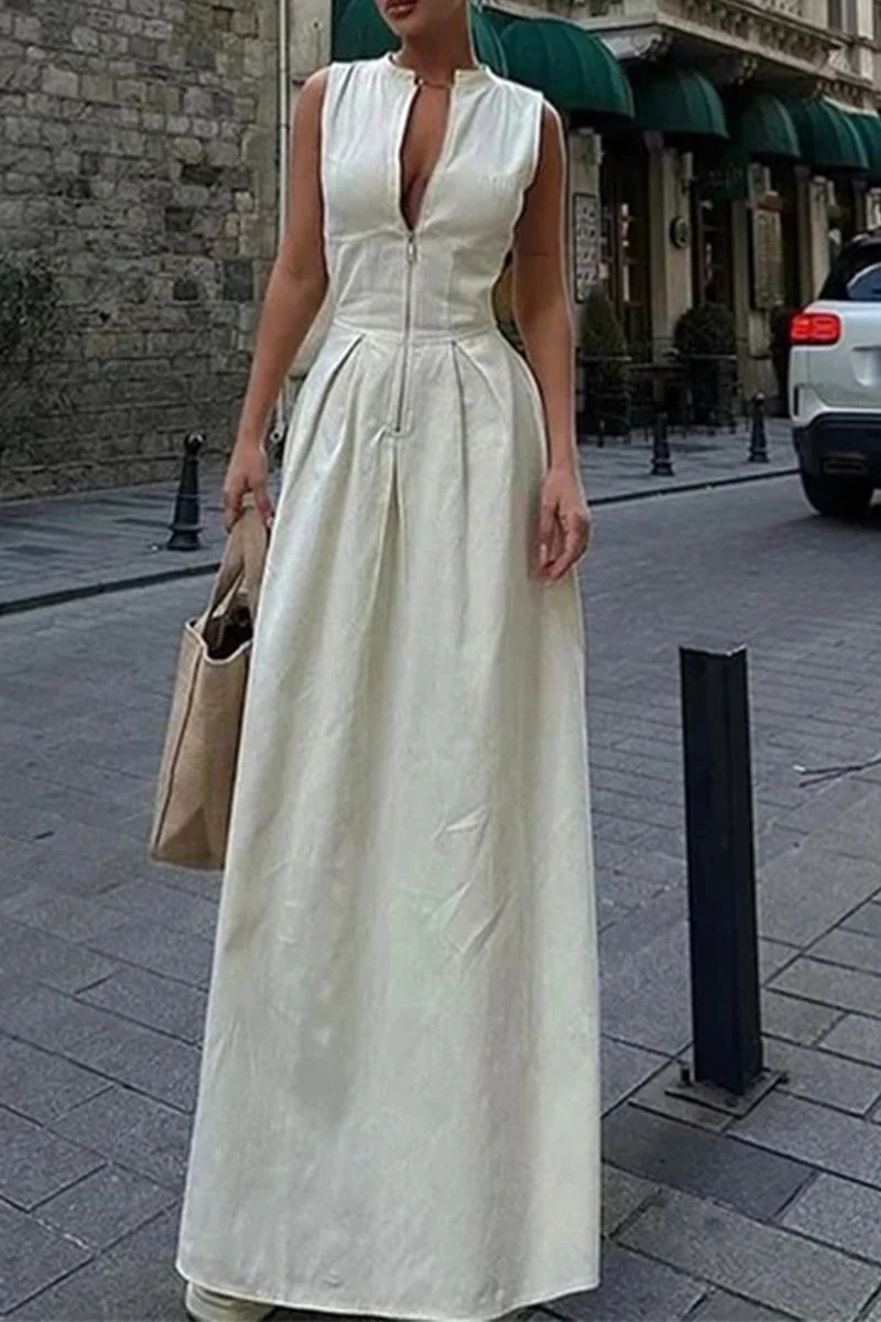 Zipper O Neck Long Dresses