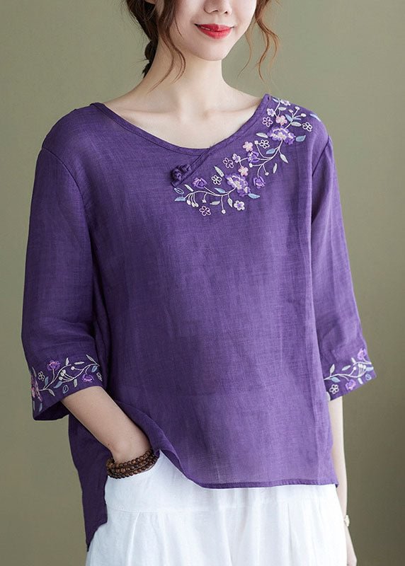 DIY Purple Embroideried side open Half Sleeve Top CK1298- Fabulory