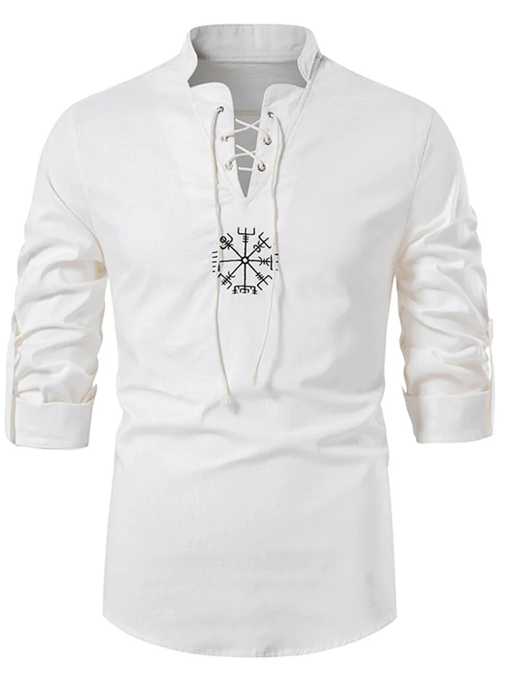 Mens Cotton Linen Shirt Long Sleeve Solid Color Ethnic Tops Men White Brown Khaki-Mixcun