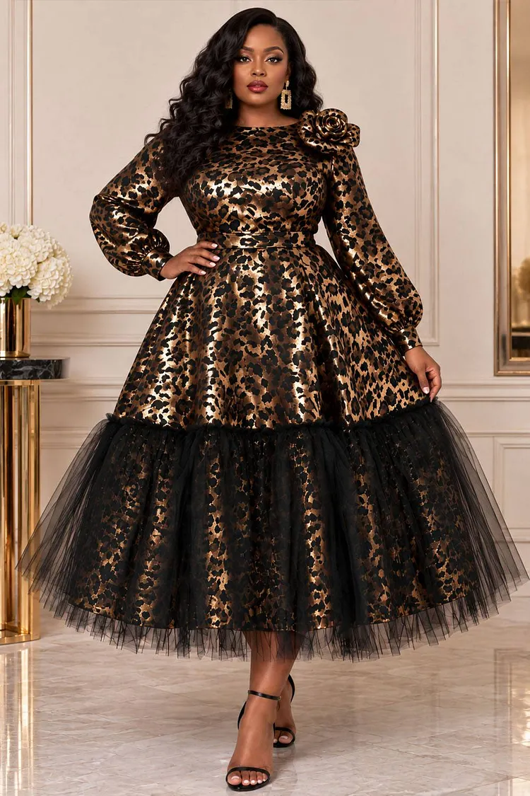 Xpluswear Design Plus Size Formal Gold Foil Print Round Neck Long Sleeve 3D Contrast Satin Midi Dresses [Pre-Order] 2024 - Xpluswear