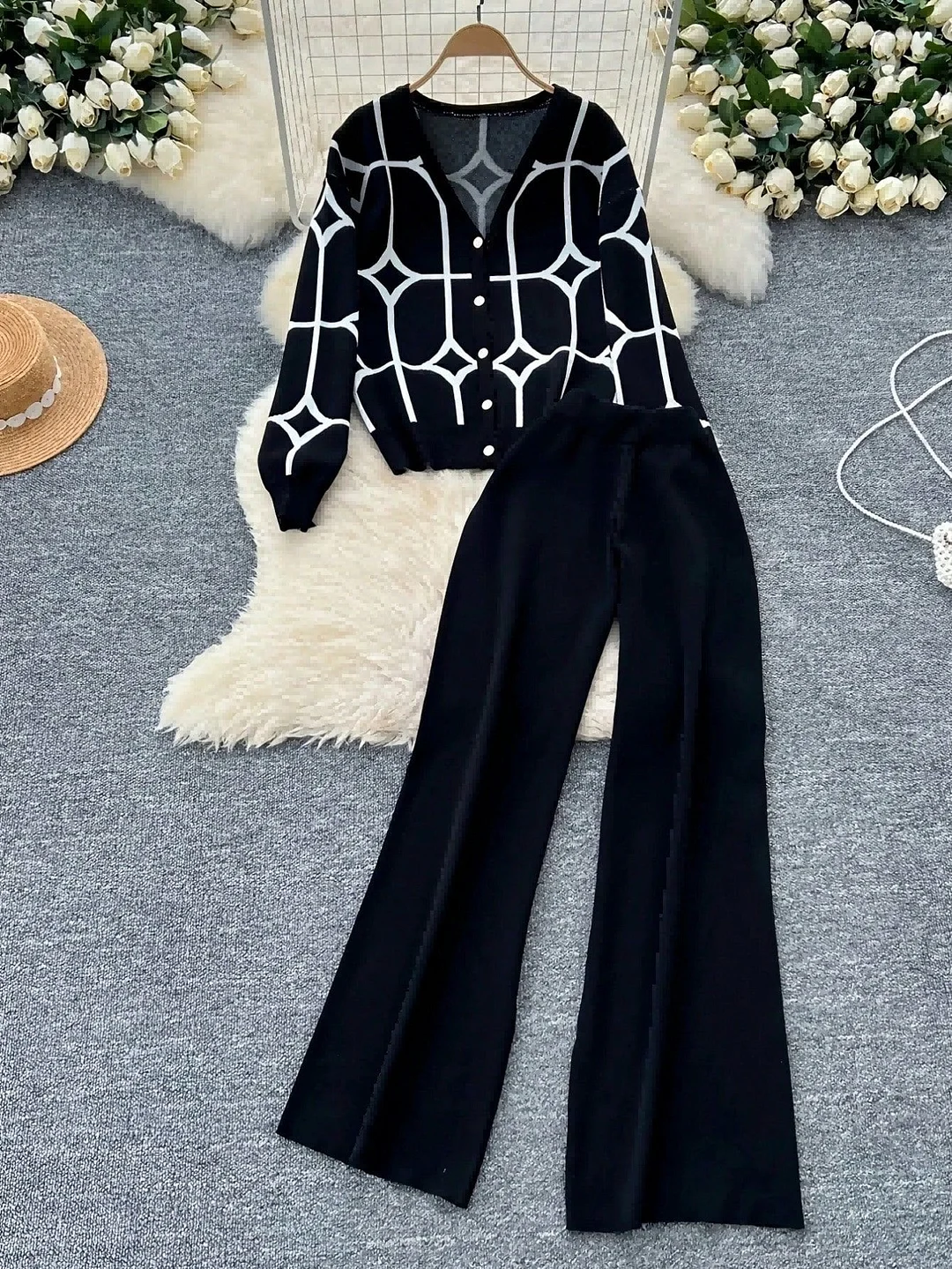 Nigikala Nigikala And Autumn Women's Clothing Collar V Collar Jersey Knit Two Sets Of Fashion Set