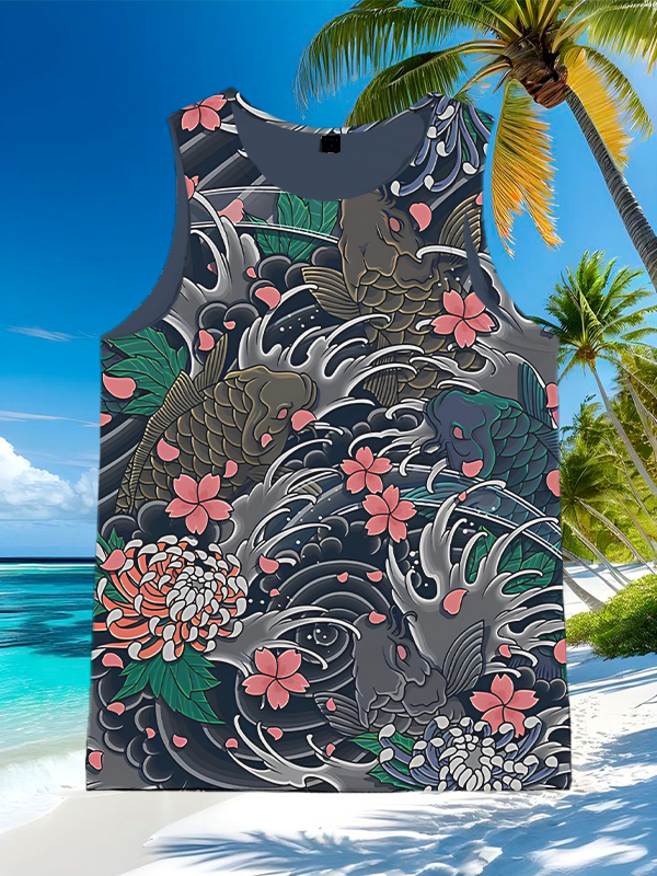 Men's Koi Fish In The Sea Japanese Art Print Tank Top