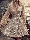 Spangle Plunging Long Sleeves Mini Dresses