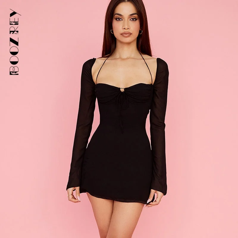 BoozRey Sexy Bandage Hollow Mesh Mini Dress for Women Night Club Party Bodycon Dress Low Cut Halter Solid Long Sleeve Pink Dress