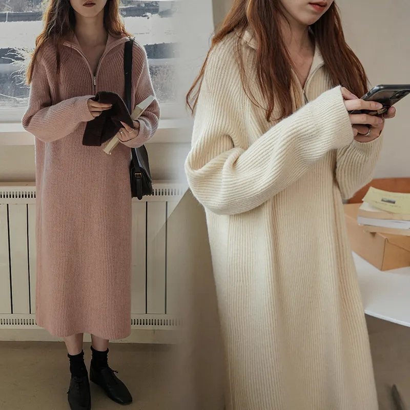 Churchf Churchf Lapel Half Zipper Wool Dress 2024 Autumn And Winter New Style With Loose Casual Long Knit Bottom Shirt Women