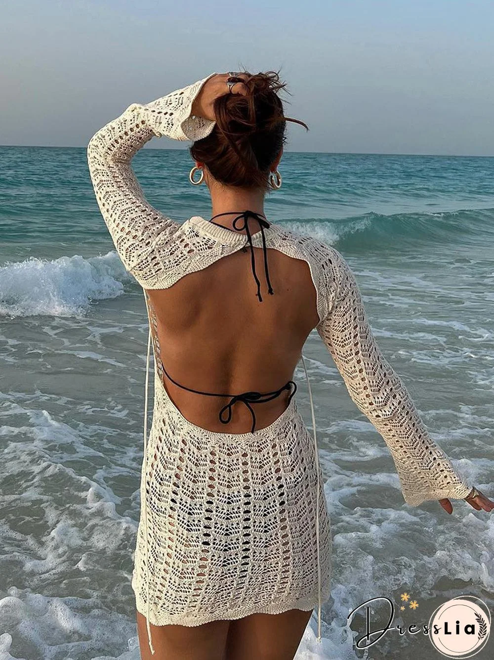 Tawnie Summer Y2K Knit Women Beach Mini Dress Casual Bodycon Hollow Out Backless Long Sleeve Sexy Dresses Party Outfits