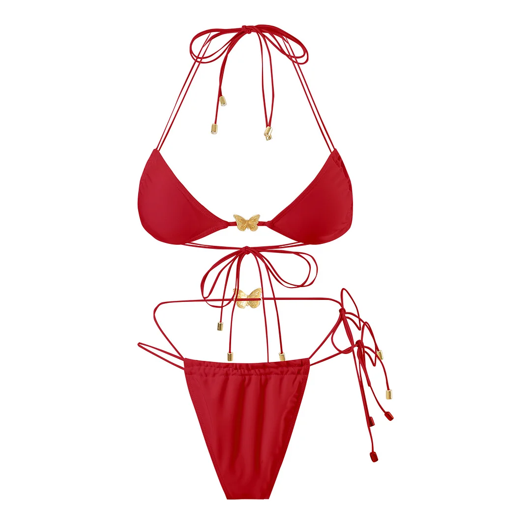 Uveng 2025 Solid-Color Elastic Rope Butterfly Ornament Bikini Sexy Split Triangle Strap With Swimsuit Woman