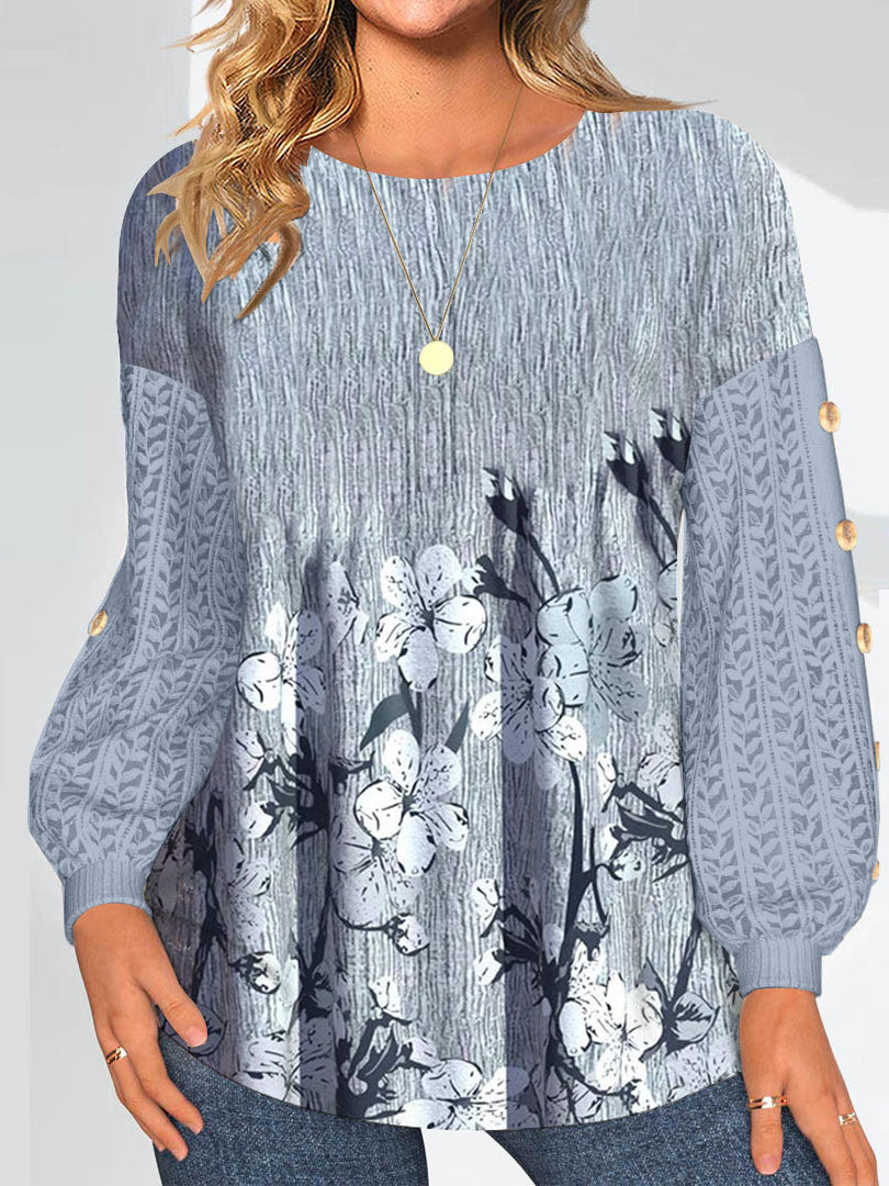 Women Long Sleeve V-neck Graphic Floral Printed Top