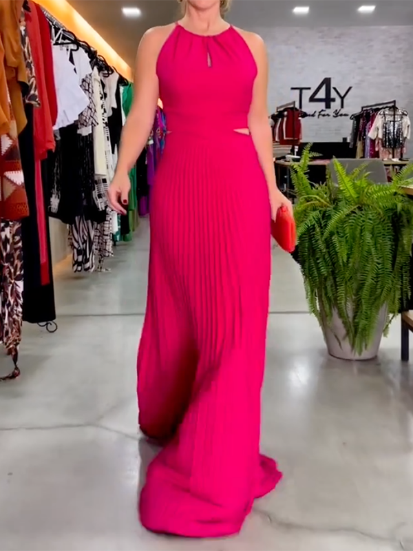 Pleated Solid Color Sleeveless Round-Neck Maxi Dresses