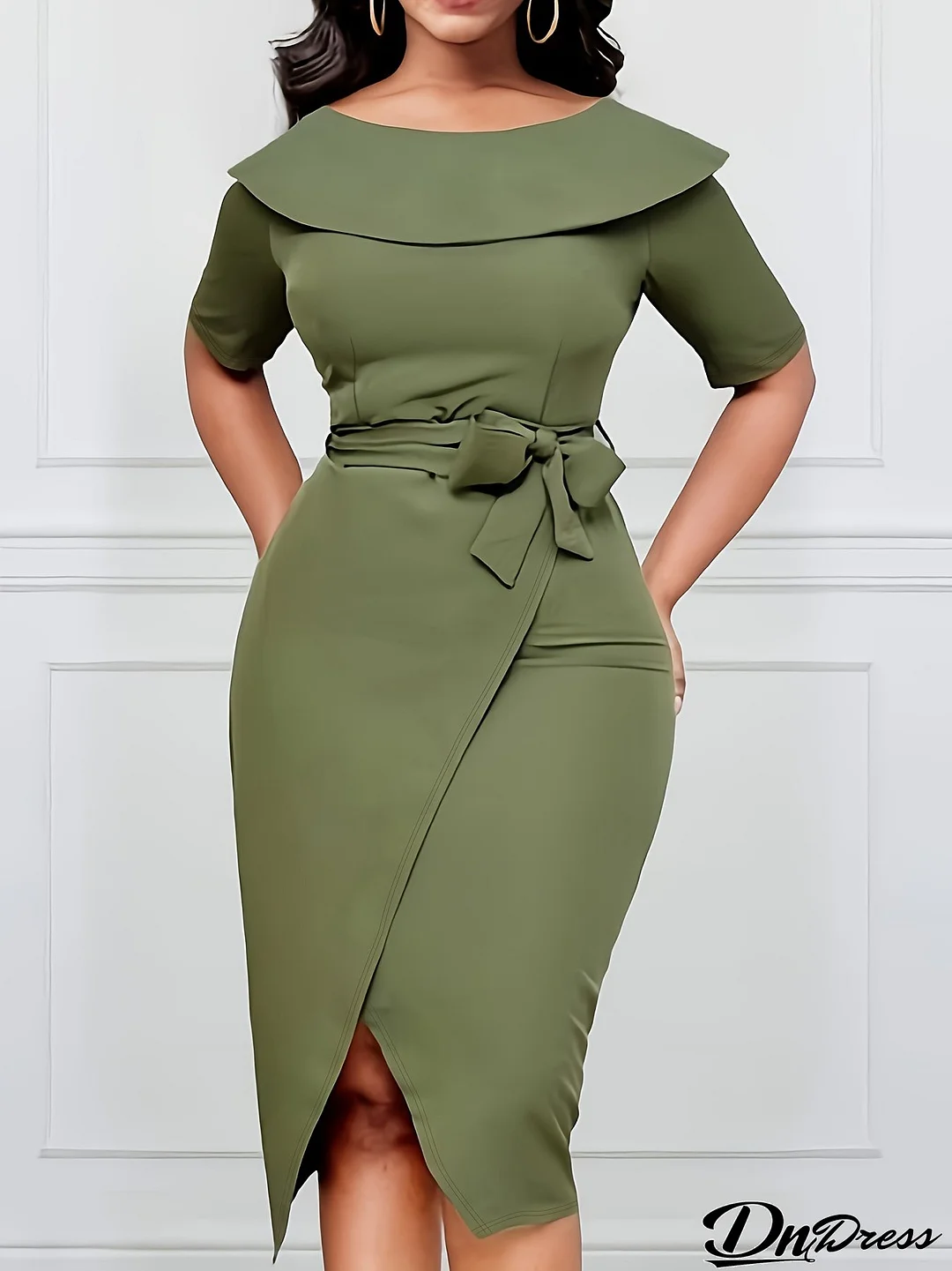 Plus Size Women Slit Turndown Collar Solid Dress