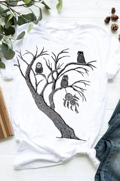 Tree & Bird Print Knotted T-shirt
