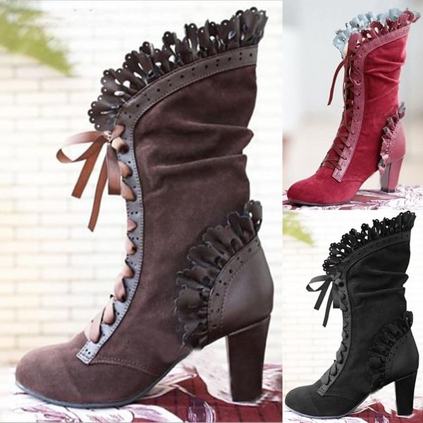 Victorian Vintage Women Leaf Boots with Vine Curl High Heel Shoes Half Knee Steampunk Boots Cosplay Gothic Lolita Goth Boots Winter Faux Suede Midcalf Short Boots - Life is Beautiful for You - SheChoic