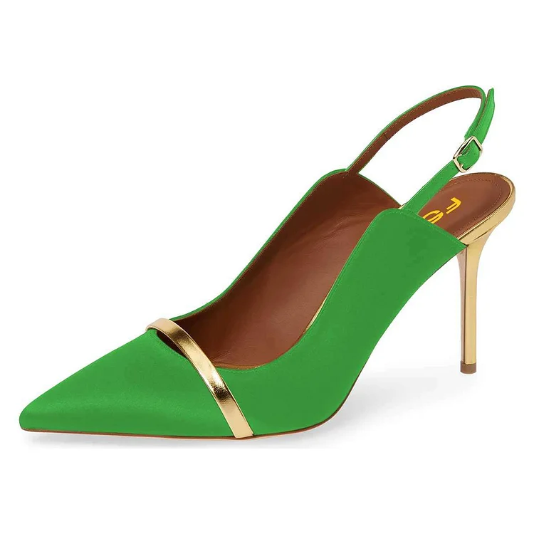 Green Pointy Toe Gold Strap Stiletto Heel Slingback Pumps |FSJ Shoes
