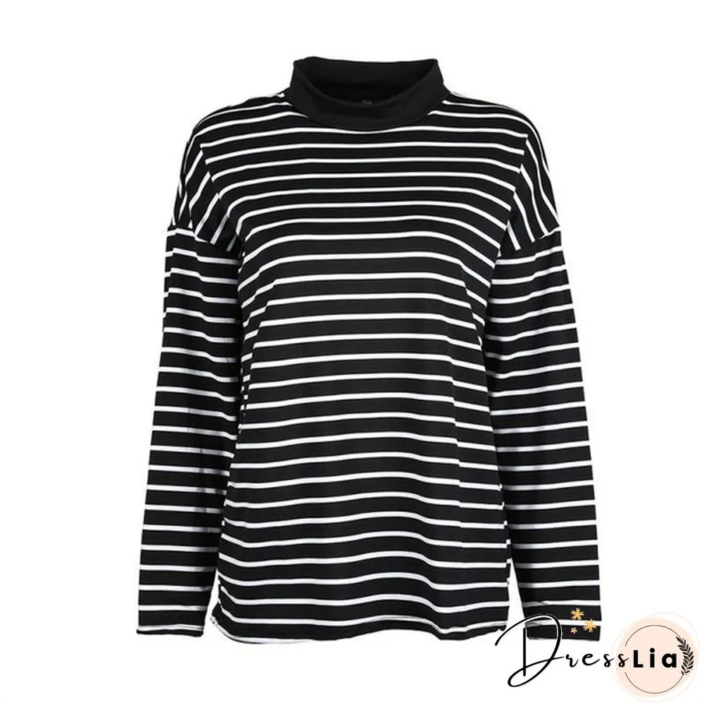 Women Turtleneck Korean Style Crop Top Long Sleeve Striped Tops Female Shirt Casual Harajuku Tops