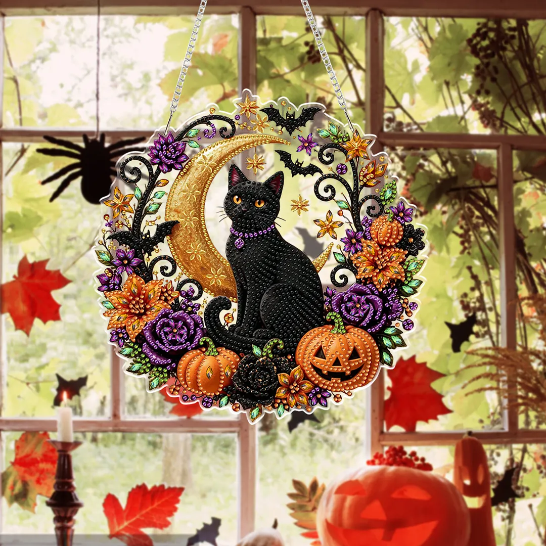 Halloween Black Cat Moon 2D Flat DIY Diamond Painting Charms for Wall Decor