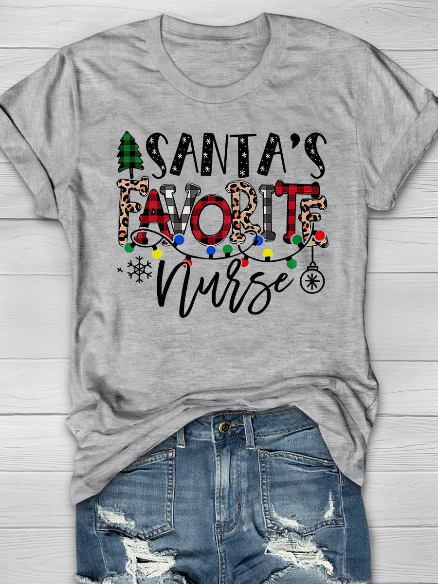 Santa's Favorite Nurse Christmas Print Short Sleeve T-shirt