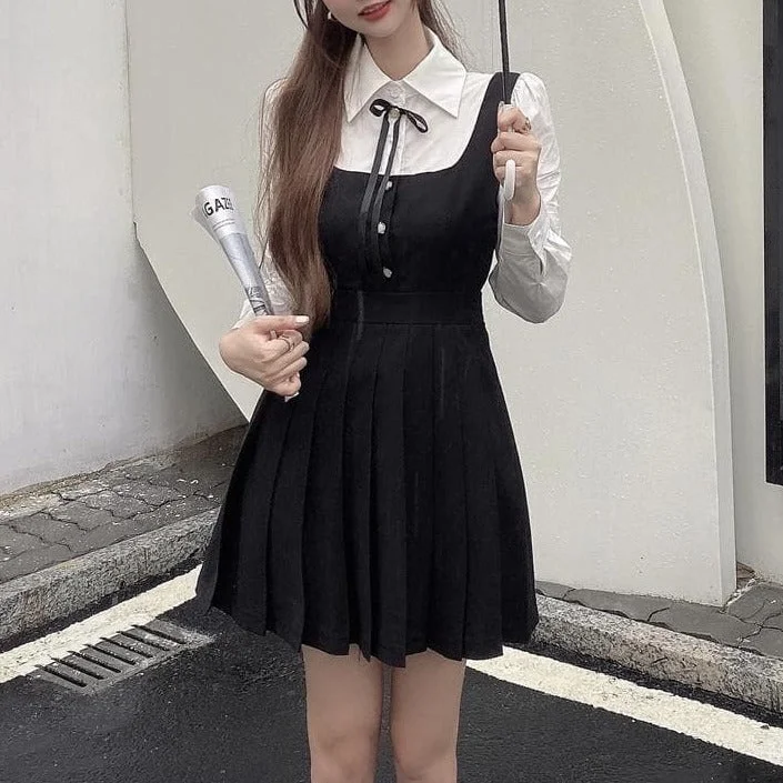 Black/Khaki Puff Long Sleeve Shirt Patchwork Ruched Dress SP16294