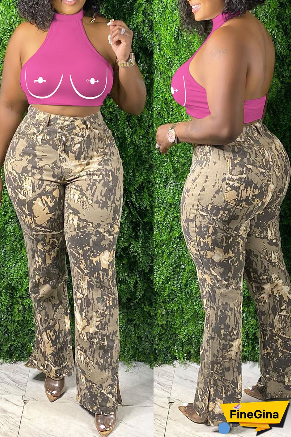 Brick Red Sexy Print Patchwork O Neck Tops