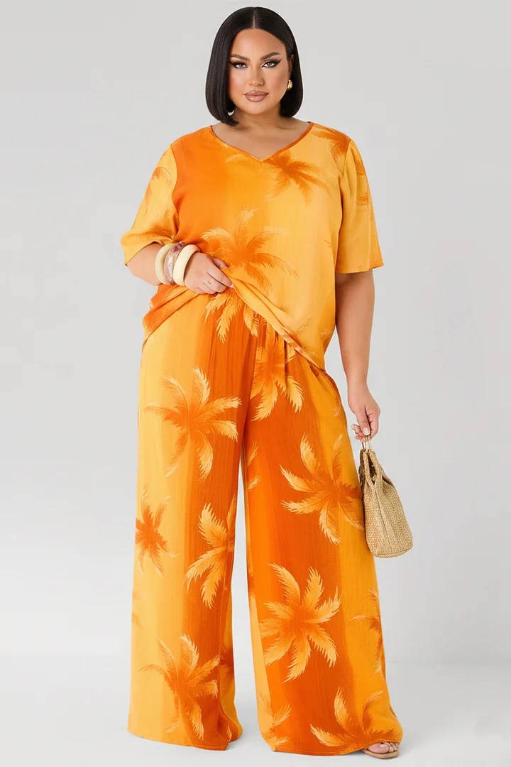 Xpluswear Design Plus Size Vacation Casual Orange Tropical Print Round Neck Short Sleeve Pocket Wide Leg Two Piece Pant Sets 2024 - Xpluswear