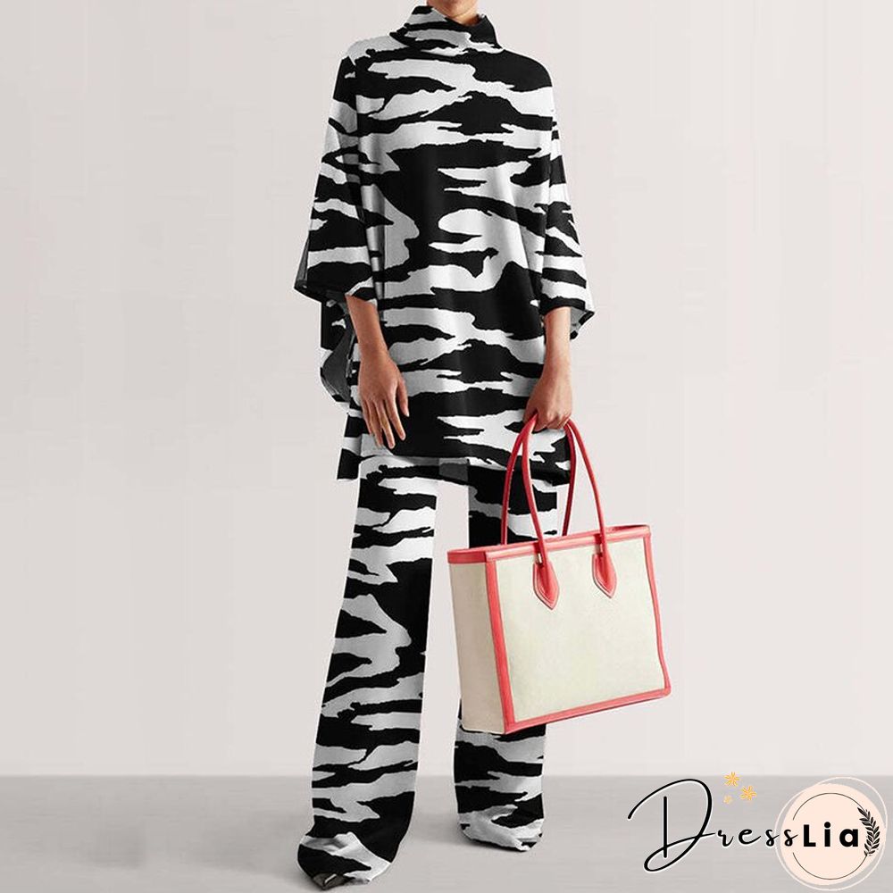 Autumn Women Elegant Printed Loose Outfits Fashion Turtleneck Tops And Long Pants Suits Winter Casual Half Sleeve Two Piece Sets
