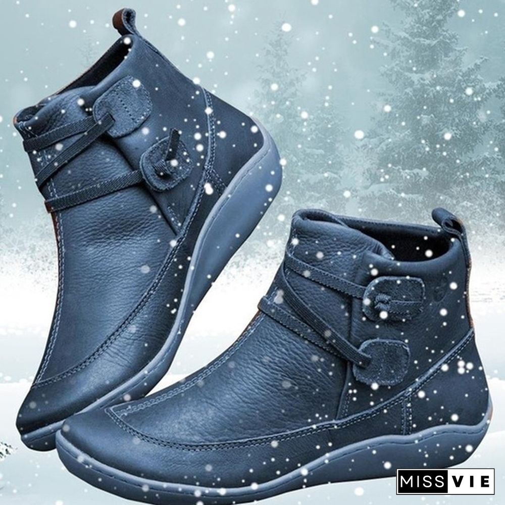 Women's Braided Strap Flat Heel All Season Boots Waterproof Leather Comfortable Flat Heel Boots Round Toe Ankle Boots