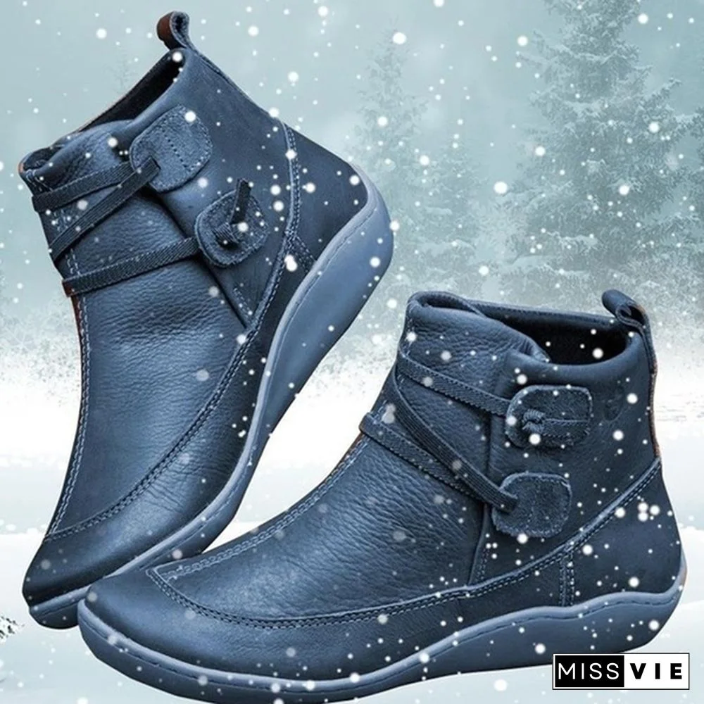 Women's Braided Strap Flat Heel All Season Boots Waterproof Leather Comfortable Flat Heel Boots Round Toe Ankle Boots