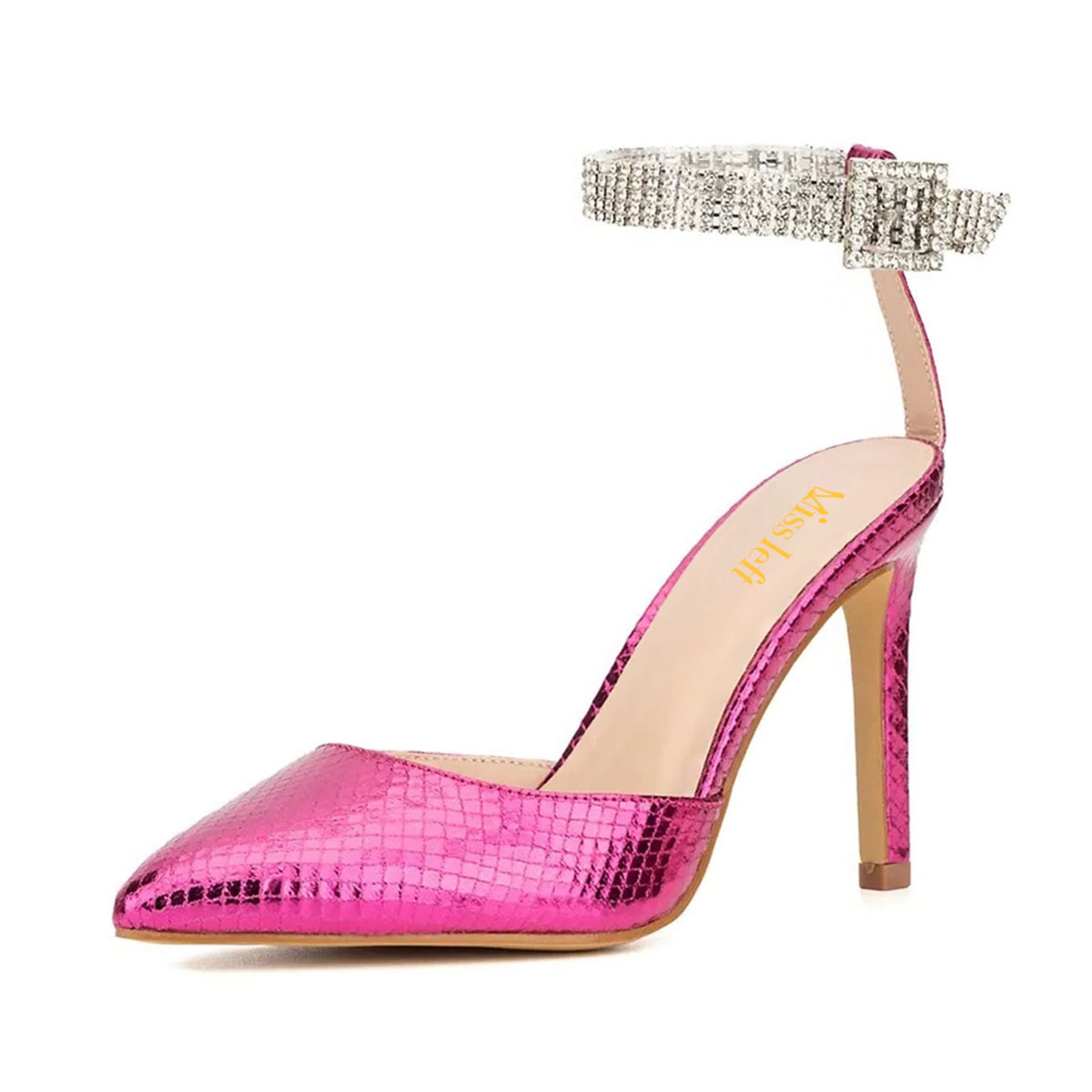 Fuchsia Snake Embossed Rhinestone Strap Stiletto Heel Pumps Shoes Nicepairs