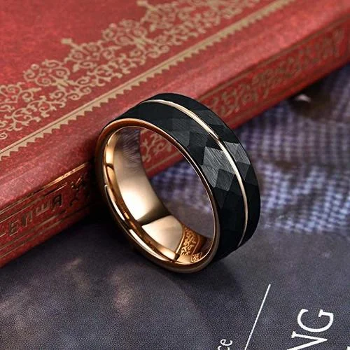 6MM 8MM Women's or Men's Tungsten Carbide Wedding Rings Hammered Brushed Black With Rose Gold Interior And Stripe Design