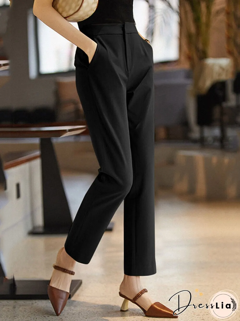 Solid Pocket Tailored Pants For Women