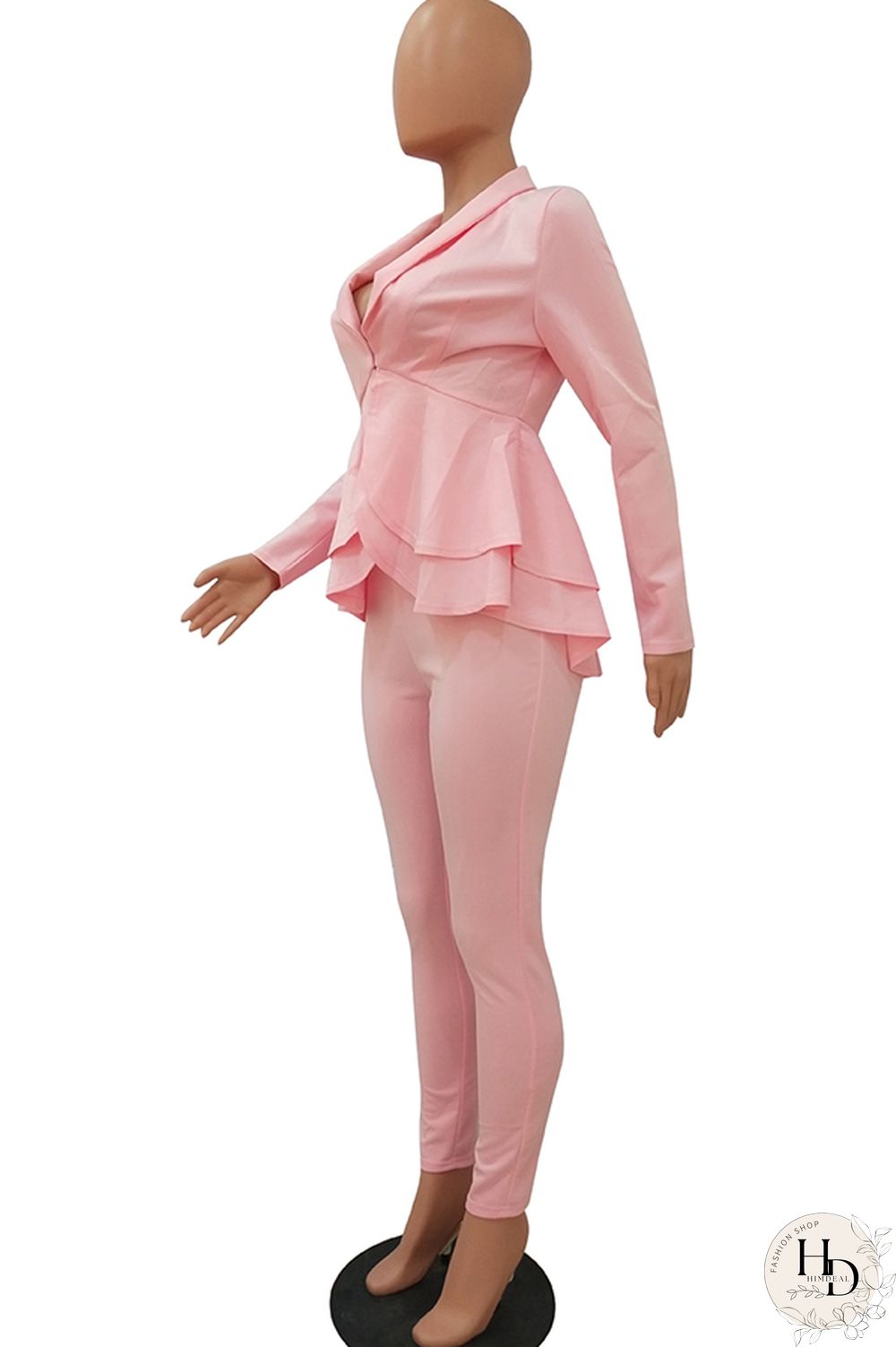 Black Casual Two Piece Suits Patchwork ruffle Solid pencil Long Sleeve